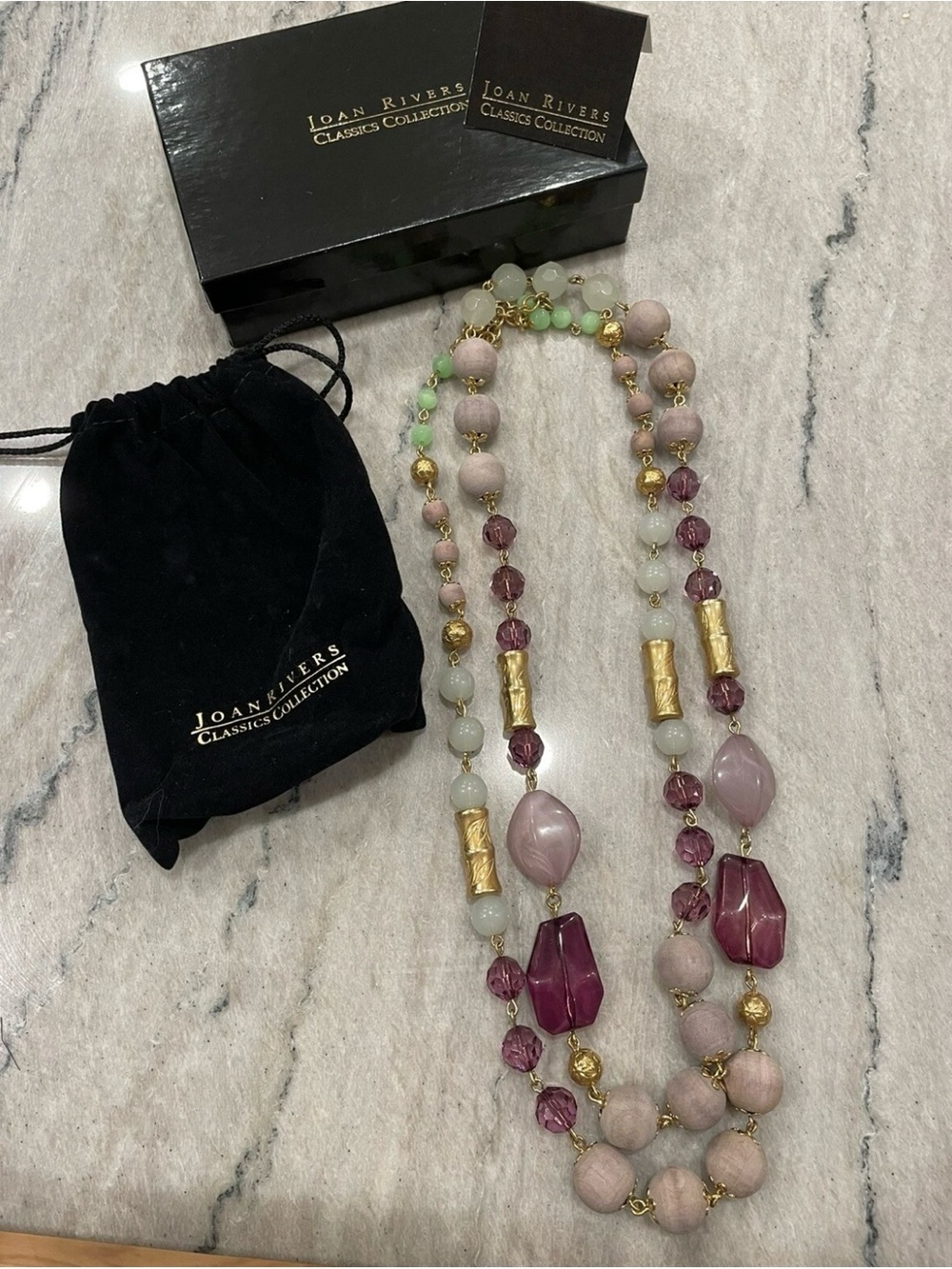 Vintage Joan Rivers long multicolor mixed bead purple green necklace 48” long
